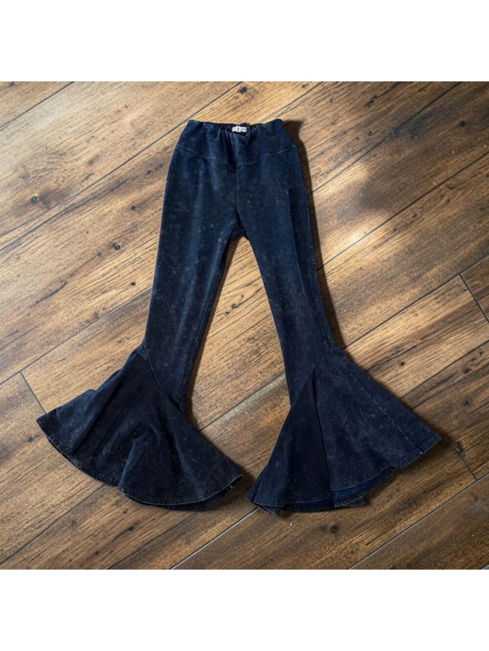 Earthbound Blue Mineral Wash Ruffle Bell Bottom Flare Pull On Pants Size Small